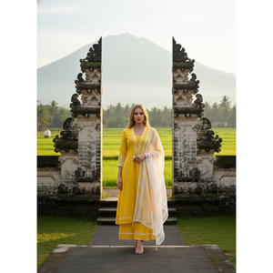 Superbe ensemble ethnique indien brodé jaune en pur coton, comprenant une kurta, un palazzo et un dupatta en organza, idéal pour les mariages et les fêtes, fabriqué en viscose. - Product Image 1