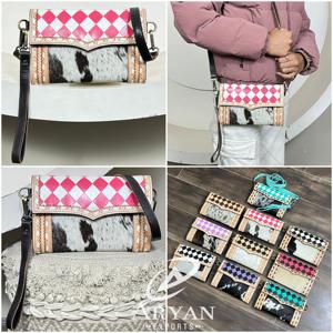 New Designer Pink & <b>White</b> Checkered Cowhide Hair-on-Hide Western Hand Tooled Leather Crossbody Wristlet Mini Purse Clutch <b>Bag</b> - Product Image 1