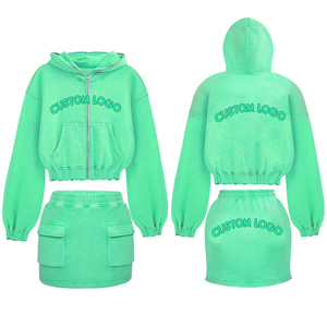 Regular Fit Casual Mineral Acid Washed <b>Skirt</b> <b>Suit</b> for <b>Women</b> Hooded Hoodies Short Top Two Pieces Sets Fleece Solid Pattern Spring - Product Image 4