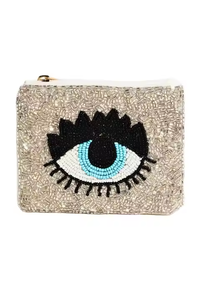 Monedero hecho a mano de lujo con cuentas de lunares blancos y negros con mini cremallera hermosa nueva artesanía bordada y costura India - Product Image 2