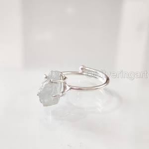 Bijoux en pierre brute bague pour femme pierre précieuse aigue-marine brute naturelle pierre de naissance de mars bague martelée bijoux bague en argent Sterling 925 - Product Image 3