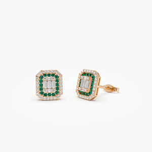 14k Rose Solid Gold Baguette and Round Diamond Natural <b>Emerald</b> <b>Studs</b> <b>Earring</b> Halo Setting Jewelry for Women low MOQ Fine Jewelry - Product Image 3