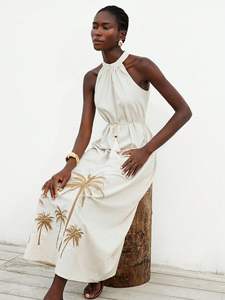 Wholesale Woven Natural Washable Short Sleeve Regular Fit Maxi Dress <b>Ladies</b> Split <b>White</b> Black Beach Boho Summer - Product Image 3