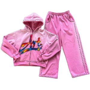 Chándal de diamantes de imitación para mujer, conjunto de Sudadera con capucha y pantalones de diamantes de imitación, cómodo chándal de moda con diamantes de imitación, conjunto de 2 piezas - Product Image 1