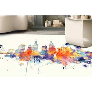 Alfombra con diseño del horizonte de Nueva York en acuarela: Alfombra moderna con estampado abstracto, alfombra suave con pelo largo - Product Image 3