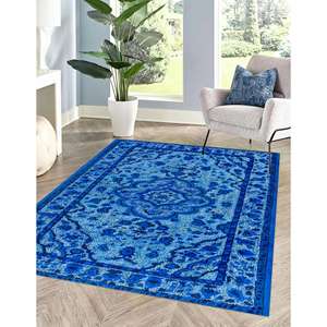 Alfombra Azul con Medallones: Estilo Étnico Turco, Alfombra Antideslizante, con Pelo Suave - Product Image 1