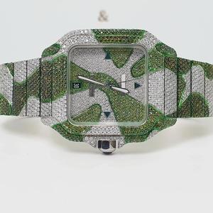 Montre mécanique de luxe de style Hip Hop de haute qualité bicolore vert argent pleine Moissanite glacée motif de camouflage personnalisé - Product Image 1