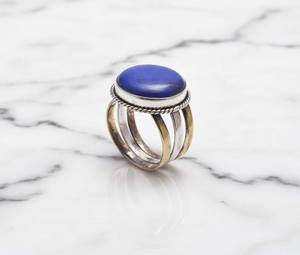 Handmade Lapis Lazuli Mixed Metal Ring Boho Sterling <b>Silver</b> And Brass Statement Jewelry For Women - Product Image 6
