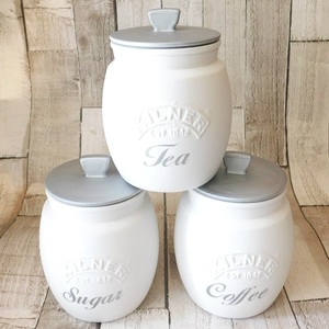 White Modern <b>Ceramic</b> Jar Sugar Canister With Antique Finishing for Kitchen Table Top Brushed SS Canister Wholesale Price India - Product Image 1