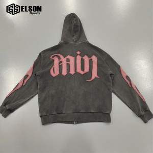 Top Qualité Détresse Hip Hop Acid Wash Sweat À Capuche Surdimensionné Strass Imprimer Pull Noir Hommes Hoodies - Product Image 3