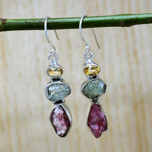 Natural Rough <b>Tourmaline</b> And Multi Gemstones 925 Sterling Silver <b>Earrings</b> Top Grade Fine Silver <b>Earring</b> - Product Image 1