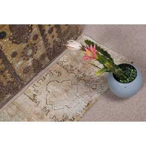 1.2x2.6 ft Rug, Turkish Vintage Rug, <b>Brown</b> Beige Check <b>Wool</b> Rug - Product Image 4