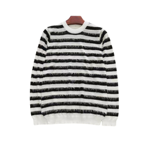 Pull en mohair pour femme en coton blanc et noir, col en V long, pour l'automne et l'hiver, pull en mohair décontracté à manches longues pour femme - Product Image 3