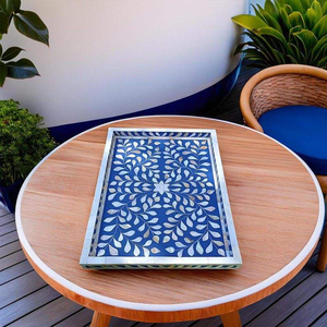 Plateau de service en marbre de style arabe indien incrustation d'os et plateau de petit-déjeuner en perles de résine de nacre pour la nourriture par l'artisanat en croissant - Product Image 2