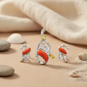 Juego de Pendientes Clásicos de Plata 925 con Coral y Diamantes Engastados en Bisel para Mujer, Ideales para Bodas - Product Image 3
