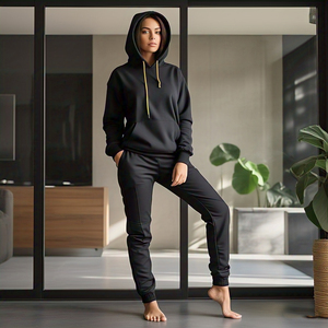 Chándal negro con cremallera para mujer, estilo callejero, conjunto de pantalones de chándal con capucha y cremallera, chándal de lana pesada de Invierno para mujer - Product Image 4