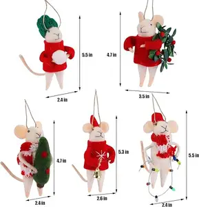 Set di ornamenti per topi di feltro di natale 5, decorazioni appese per topi di lana di Natale, feltro artigianato di animali nei boschi di natale