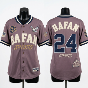 Camiseta de béisbol para mujer, 220 GSM, poliéster transpirable, color malva, ribete azul marino, aplique bordado, logotipo personalizado, camiseta deportiva de béisbol - Product Image 1
