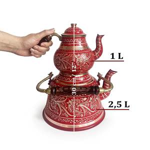 Service à thé en cuivre rouge artisanal classique arabe élégant de style anatolien Erzincan pour 10 personnes - Product Image 3