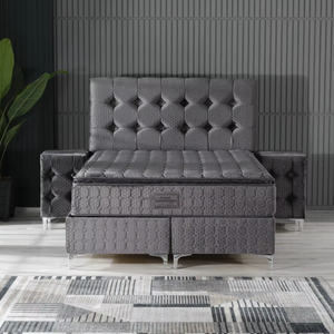 <b>Complete</b> Grey Upholstered Bed <b>Set</b> with Button-Tufted Headboard and Steel Legs Full Comfort Design AA - Product Image 1