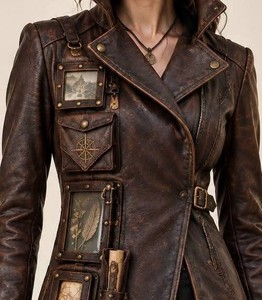 Manteau trench en cuir pour femme avec poches vintage et ceinture - Product Image 2