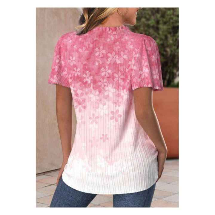 Women's Short Sleeve V Neck Buttoned Floral Printed Cotton Blouse