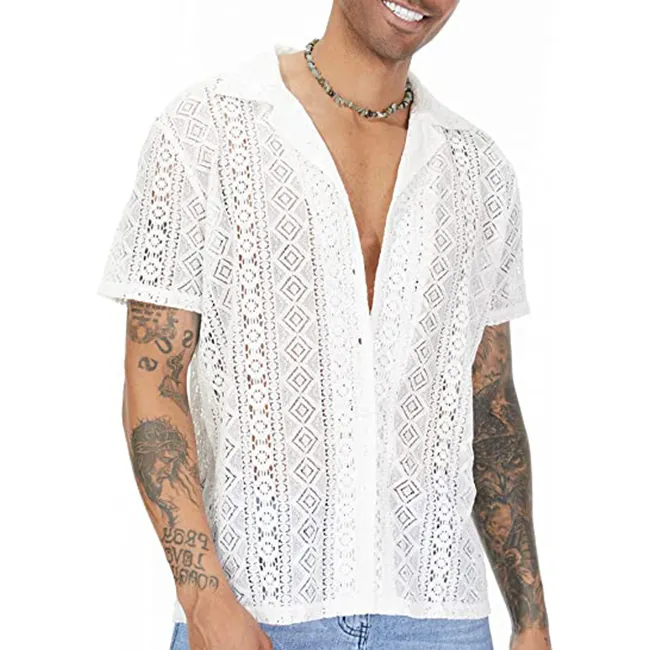 Mens Lace Shirt Short Sleeve Floral Sheer Button Down Holiday Hollow Out See Through Shirt