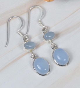 925ทึบแบบมินิมอลสเตอร์ลิงเงินคู่สีฟ้าพลอยคาลซิโดนีทรงรีแบบตะขอเกี่ยว2ชิ้นต่างหูหินสวยงาม - Product Image 1