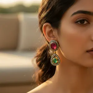 Boucles d'oreilles pendantes en or plaqué or avec rubis et émeraude, style chandelier et pendentif, pour femmes, pour les fêtes, avec diamant comme pierre principale - Product Image 3