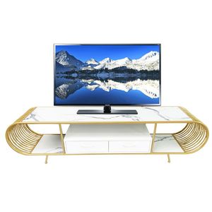 Modern Two-tier TV Stand with Stone Top and Bronze Frame KTV68082 for Living Room or Farmhouse TV <b>Table</b> with Drawer Storage - Product Image 1