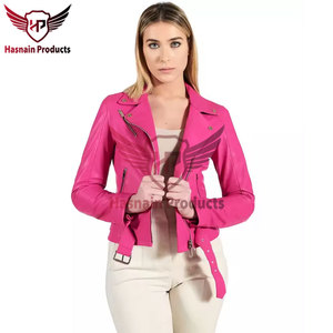 Womens Real <b>Pink</b> Leather Biker <b>Jacket</b> Asymmetric Zip Belted Waist Sheepskin Coat Lapel Zipper Pockets Custom Fit Outwear New - Product Image 3