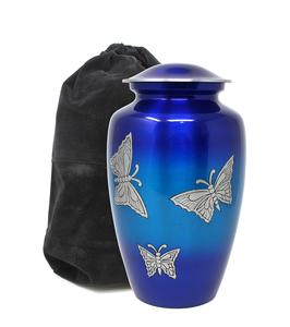 โกศโลหะสีฟ้าสลักลายผีเสื้อสำหรับขี้เถ้าของมนุษย์ออกแบบตกแต่งได้ตามต้องการขนาด - Product Image 1