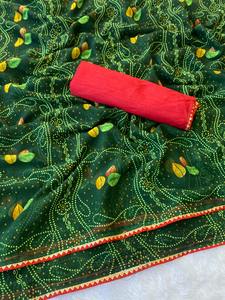 ผ้าซารีผู้หญิงเนื้อจอร์เจตต์แท้ พร้อมขอบลูกไม้กอตต้าลายฉลุทั่วทั้งผืน ผลิตในอินเดีย - Product Image 2