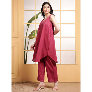 Deebco Women's Fuchsia Cotton 2-Piece Co-Ord <b>Set</b> Casual Sleeveless Floral Embroidery Loose Fit Top And Mid-Calf Length Trouser - Product Image 4