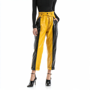 Pantalones de cuero con cintura alta y cordón para mujer, pantalones de cuero a la moda para exteriores, pantalones de cuero de piel de oveja PU para mujer - Product Image 1