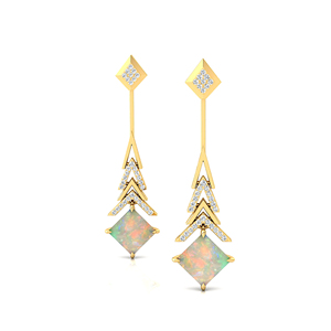 Trendy Design Women's Bridal <b>Dangling</b> <b>Earrings</b> With Princess Cut Natural Ethiopian Opal Gemstone & <b>Diamonds</b> in 18k Solid Gold - Product Image 1