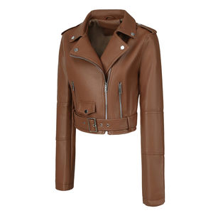 Automne 2025 femmes nouvelle veste de moto en cuir marron véritable coupe ajustée avec ceinture courte plaine teint Imitation cuir - Product Image 3