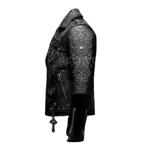 แจ็คเก็ตไบค์เกอร์สไตล์โกธิคเรียบง่าย เสื้อโค้ทหนังพังก์ ตกแต่งด้วยหัวกะโหลกสีเงินและกากบาท ทรงเข้ารูป คอตั้ง โลโก้ด้านหน้า แจ็คเก็ตมอเตอร์ไซค์ - Product Image 5