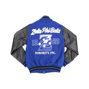 Zeta Phi Beta Sorority Wool Varsity <b>Jacket</b> <b>Royal</b> <b>Blue</b> Body Black Leather Sleeves Chenille Embroidery Greek Life Apparel - Product Image 2