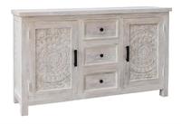Buffet en bois sculpté à la main indien, Buffet avec rangement, 3 tiroirs, 2 portes, finition blanche, armoire de salon artisanale