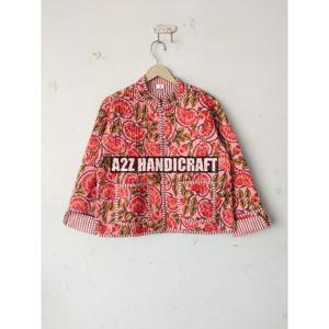 Femmes nouveau Style court matelassé Kimono manteau indien main bloc imprimé coton automne tissé tissu hiver bouton Lotus fleur rayure - Product Image 5