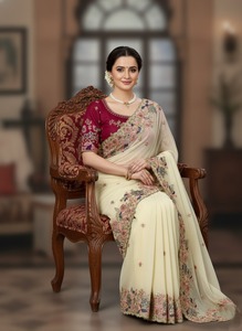 Última Llegada, Sari de Georgette Pesado con Bordado para Mujer, Ropa de Boda, con Borde Calado, en Existencia en India - Product Image 3