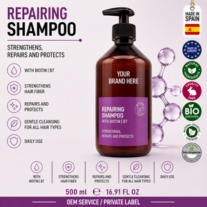 Champú Reparador con Biotina de Marca Privada 500ml OEM |   Champú Reparador para Cabello, Fortalecedor y Voluminizador, para Puntas Abiertas |   España UE - Product Image 1