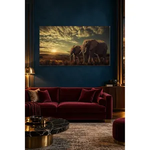 Fida Deux éléphants marchant sur la savane au coucher du soleil, impression sur toile - Product Image 2
