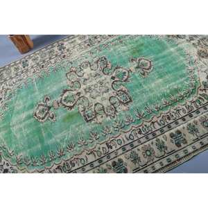 Alfombra turca vintage de 5,7x8,7 pies, diseño de retazos de lana verde y beige, respaldo de látex para el hogar, estilo rectangular, Tabriz - Product Image 5