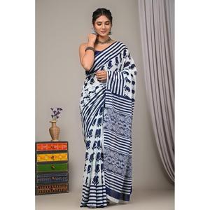 ผ้าซารีแบบจัยปุรี บาเนราสี ผ้าฝ้ายมุลมุลเนื้อนุ่ม พิมพ์ลายพร้อมงานปักมือ ผ้าจอร์เจตต์เน็ต ผ้าโมดอล สไตล์ชาติพันธุ์ ราคาประหยัด - Product Image 1