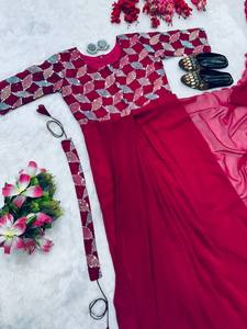 Boutique India, la mayoría de las ventas de exportación, diseñador Georgette, Sari de Color rojo con bordado elegante en Sari para mujeres y niñas - Product Image 4