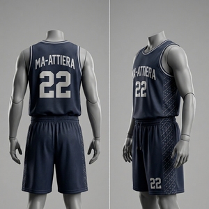 Ensemble short et maillot de basket-ball pour hommes, bleu marine, sans manches, en mesh, uniforme sportif, tenue d'équipe athlétique, bordure contrastée, vêtements de performance - Product Image 2