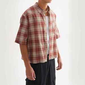Short Sleeve Plaid Cotton <b>Shirt</b> for <b>Men</b> Checked Drop Shoulder Cropped Button Up Casual Summer <b>Shirt</b> - Product Image 2