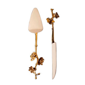 Buena calidad precio al por mayor ramita de oro de lujo con mango de flores herramientas de cocina de acero inoxidable pastel de boda cuchillo y juego de servidor - Product Image 1